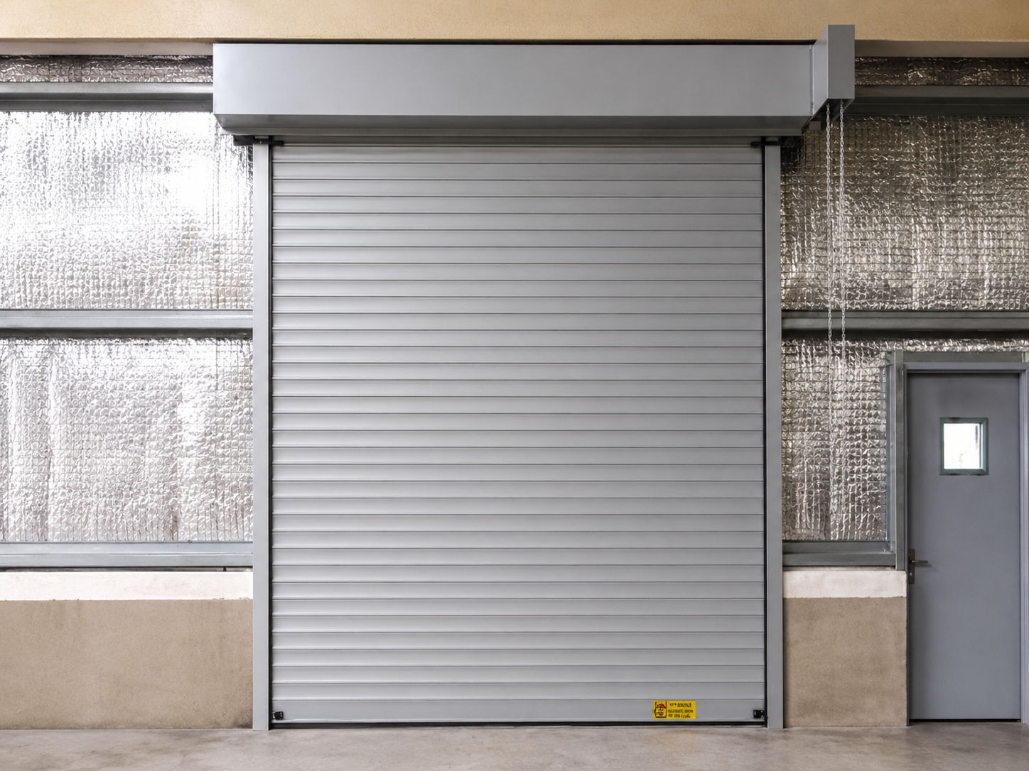 Motorised rolling shutter guide rail, bottom rail, and locking mechanism detail